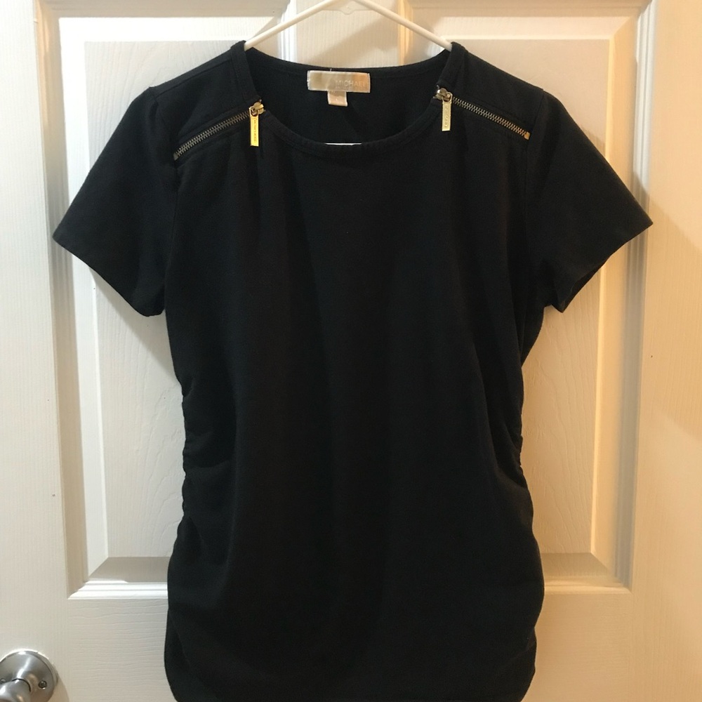 Michael Kors Black Short Sleeve Top with Gold Zipper Details - Women’s Size L